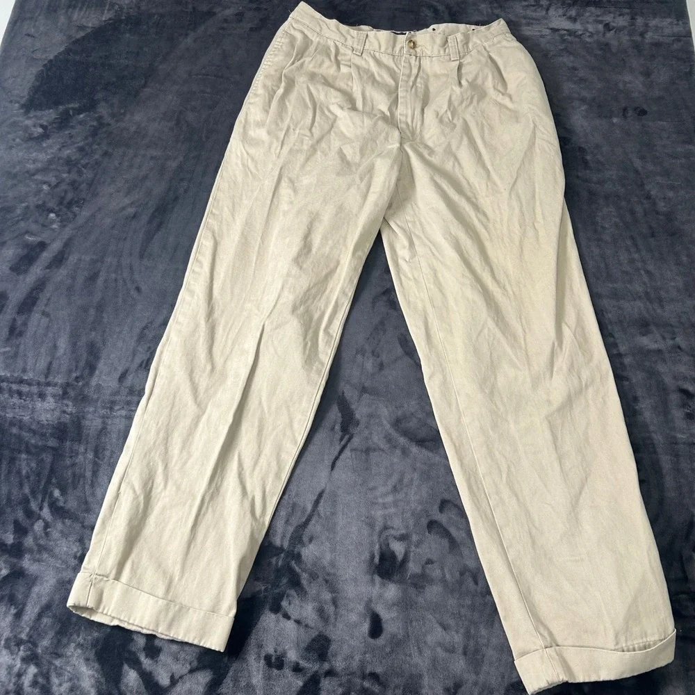 Old School Chino Pants Mens 34x32 Tan Pleated Cuffed Cotton‎ Khakis